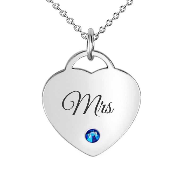 Dainty Heart Pendant With Blue Swarovski engraved with Mrs