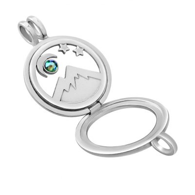 Kavalis Colorado Collection sterling silver open locket with interchangeable insert of Colorado landscape with the mountain and moon adorned with a sky-blue Swarovski crystal