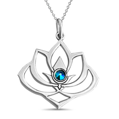 Lotus Flower Pendant with Blue Crystal in Sterling Silver