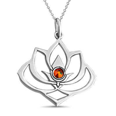 Lotus Flower Pendant with Blue Crystal in Sterling Silver - Image 2